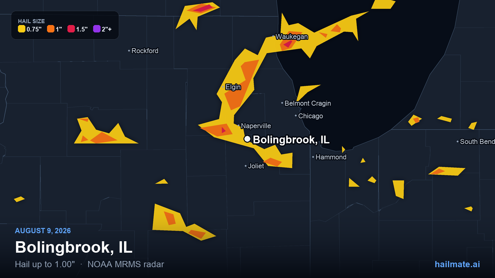 Hail swath map for Bolingbrook, IL on August 9, 2026 showing 1.00 inch hail.