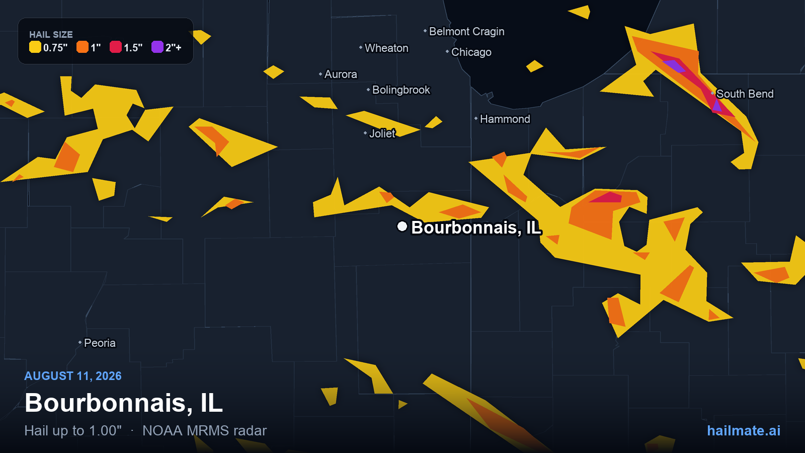 Hail swath map for Bourbonnais, IL on August 11, 2026 showing 1.00 inch hail.