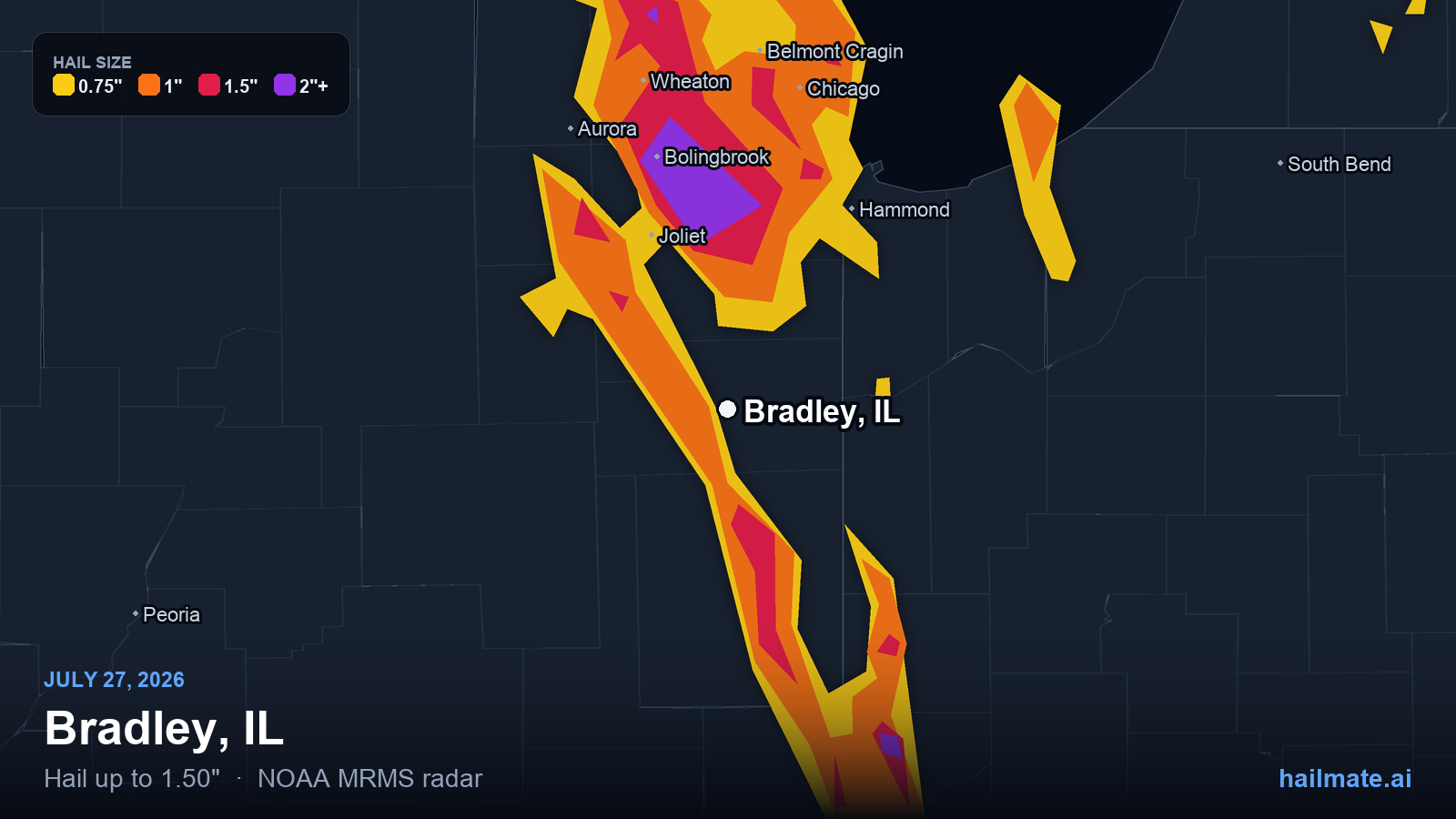 Hail swath map for Bradley, IL on July 27, 2026 showing 1.50 inch hail.