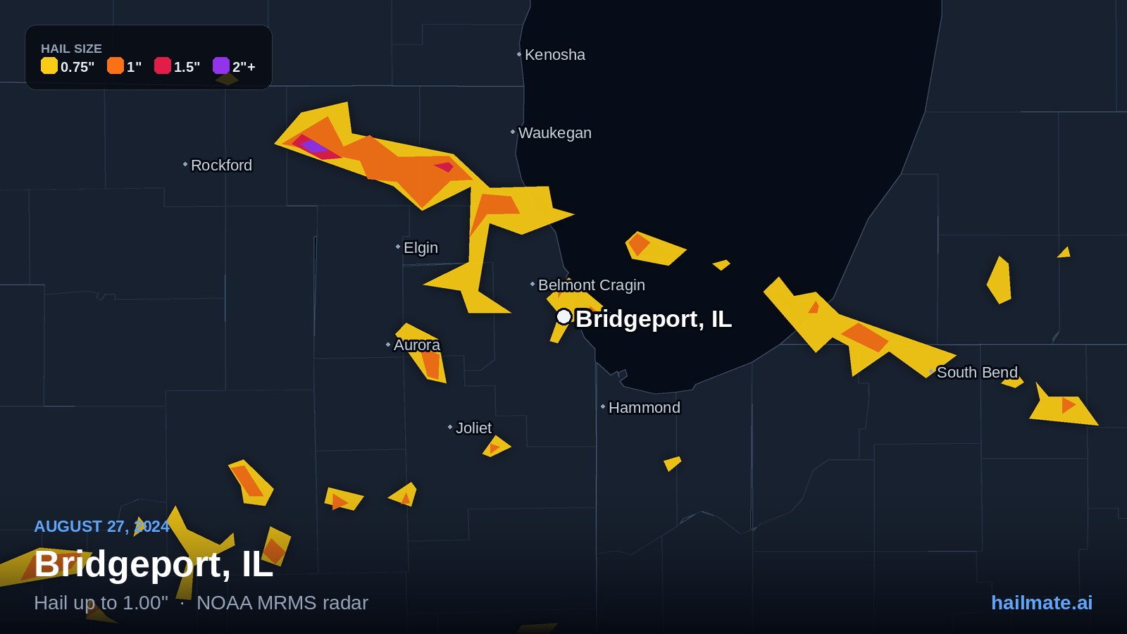 Hail swath map for Bridgeport, IL on August 27, 2024 showing 1.00 inch hail.