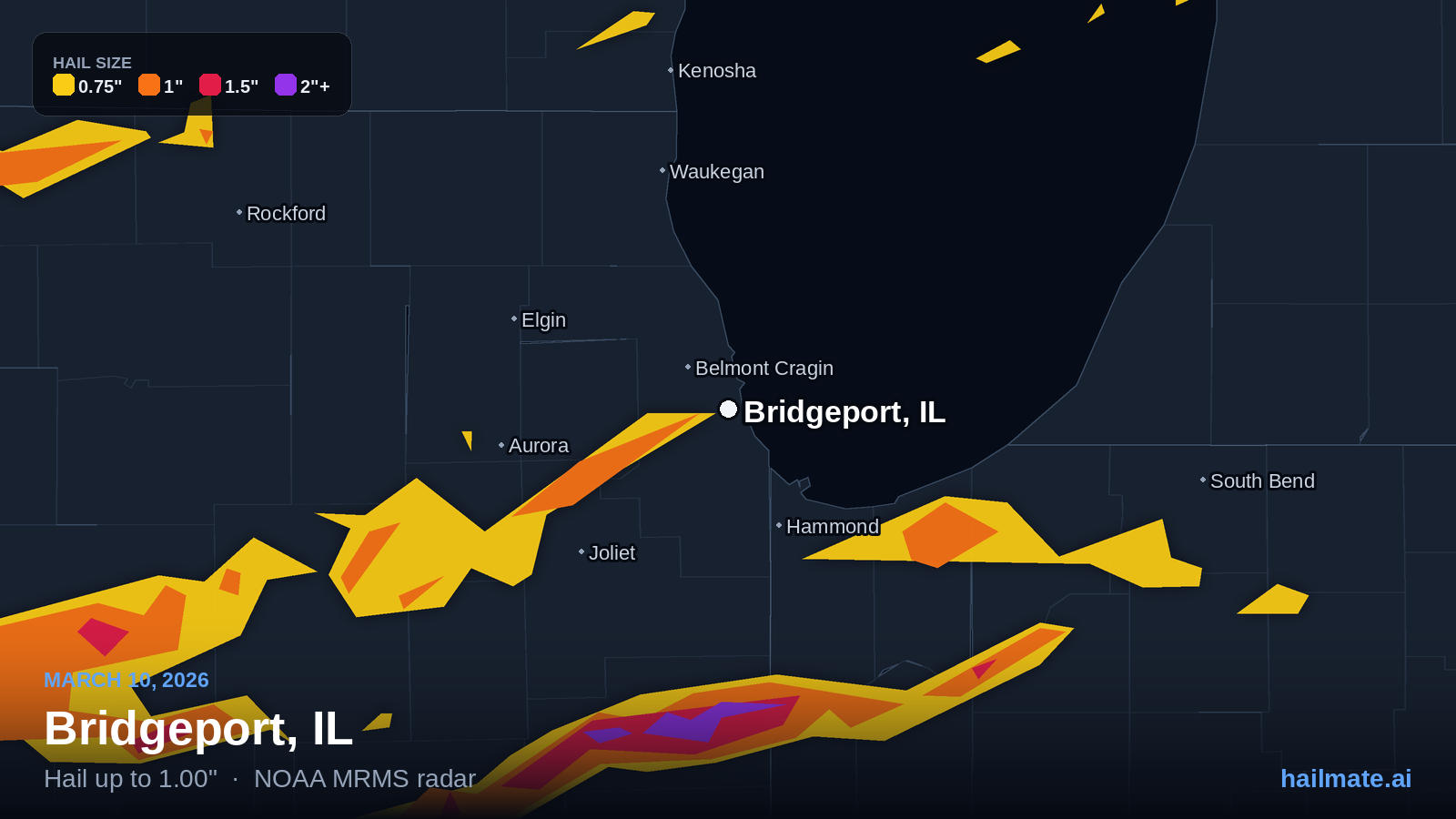 Hail swath map for Bridgeport, IL on March 10, 2026 showing 1.00 inch hail.