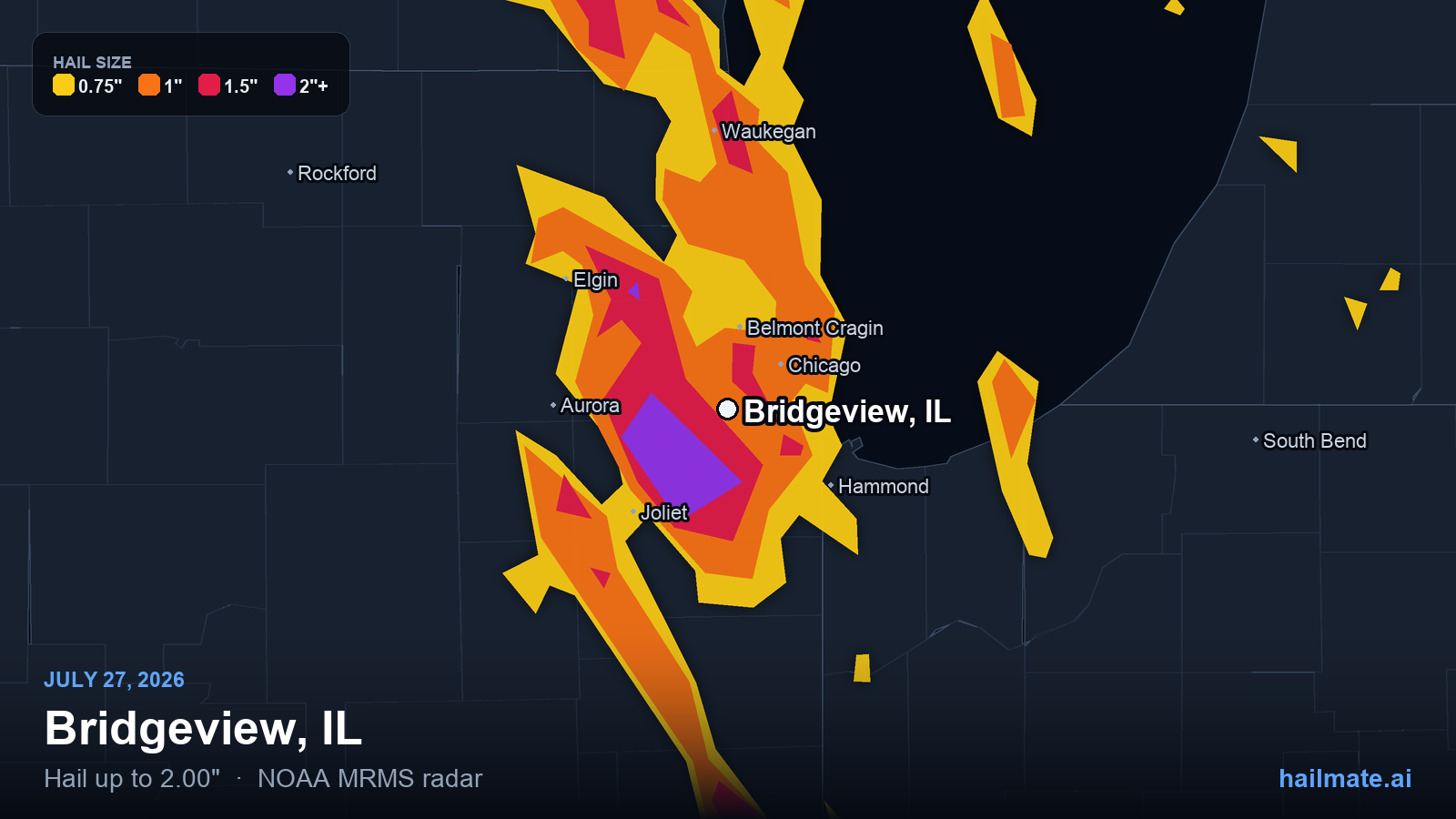 Hail swath map for Bridgeview, IL on July 27, 2026 showing 2.00 inch hail.