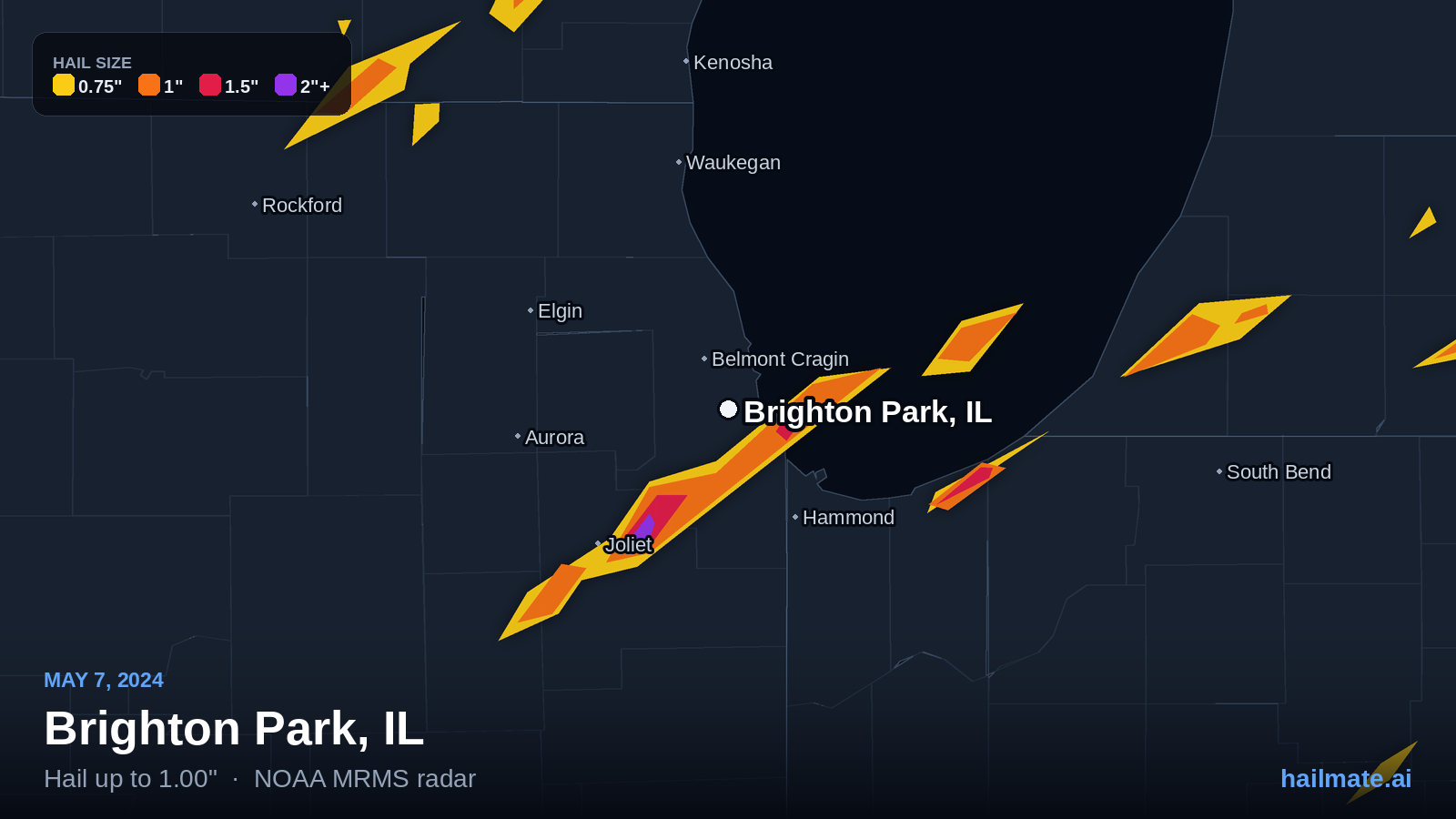 Hail swath map for Brighton Park, IL on May 7, 2024 showing 1.00 inch hail.