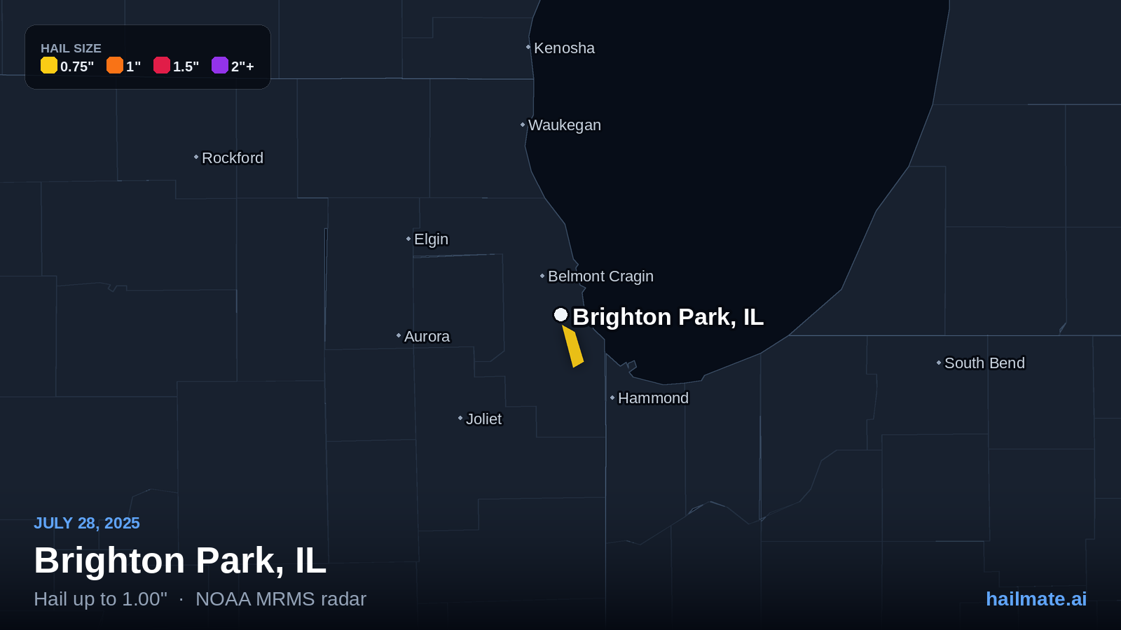 Hail swath map for Brighton Park, IL on July 28, 2025 showing 1.00 inch hail.