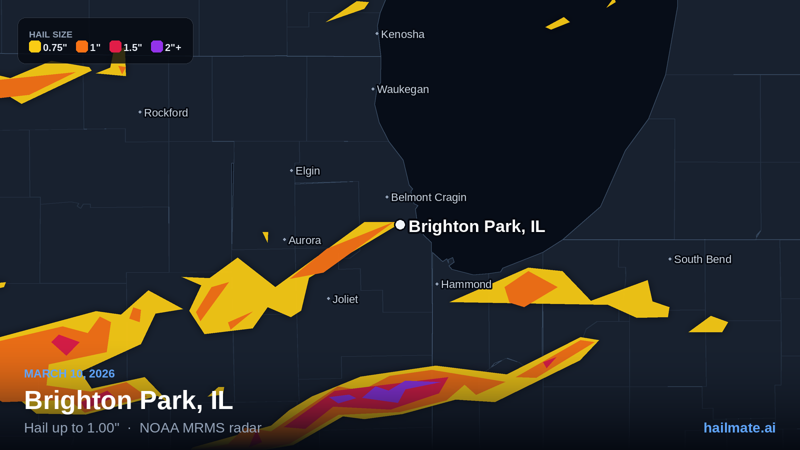 Hail swath map for Brighton Park, IL on March 10, 2026 showing 1.00 inch hail.