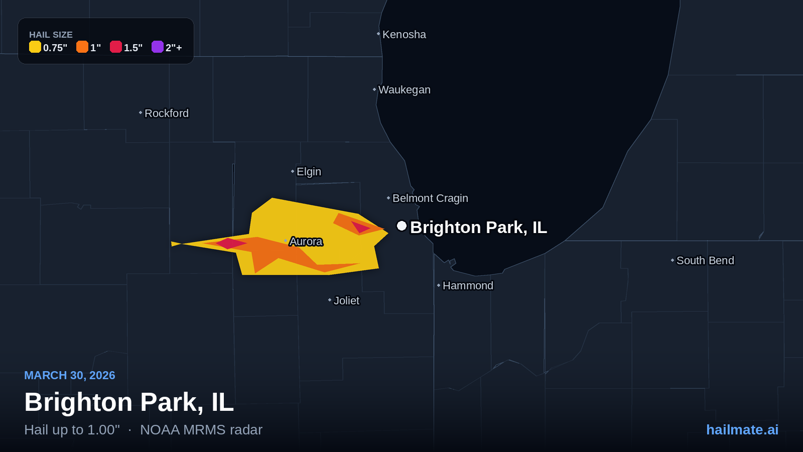 Hail swath map for Brighton Park, IL on March 30, 2026 showing 1.00 inch hail.