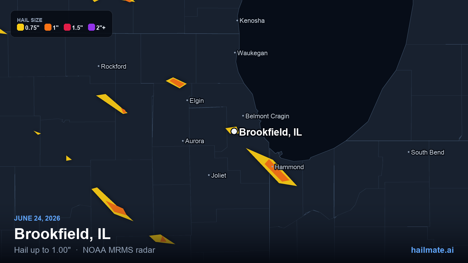 Hail swath map for Brookfield, IL on June 24, 2026 showing 1.00 inch hail.