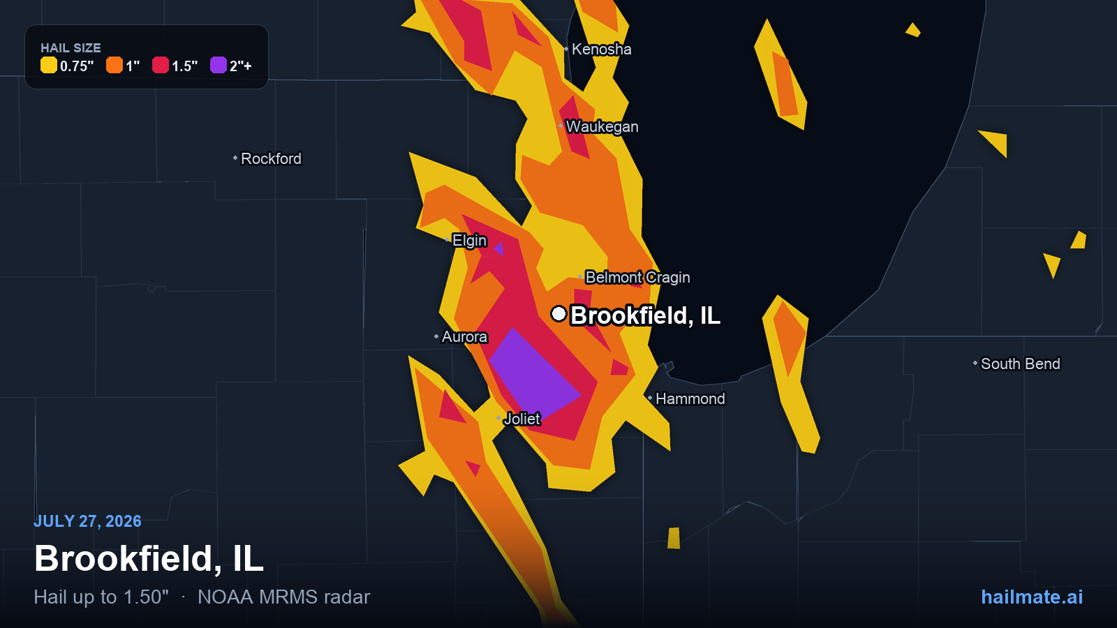 Hail swath map for Brookfield, IL on July 27, 2026 showing 1.50 inch hail.
