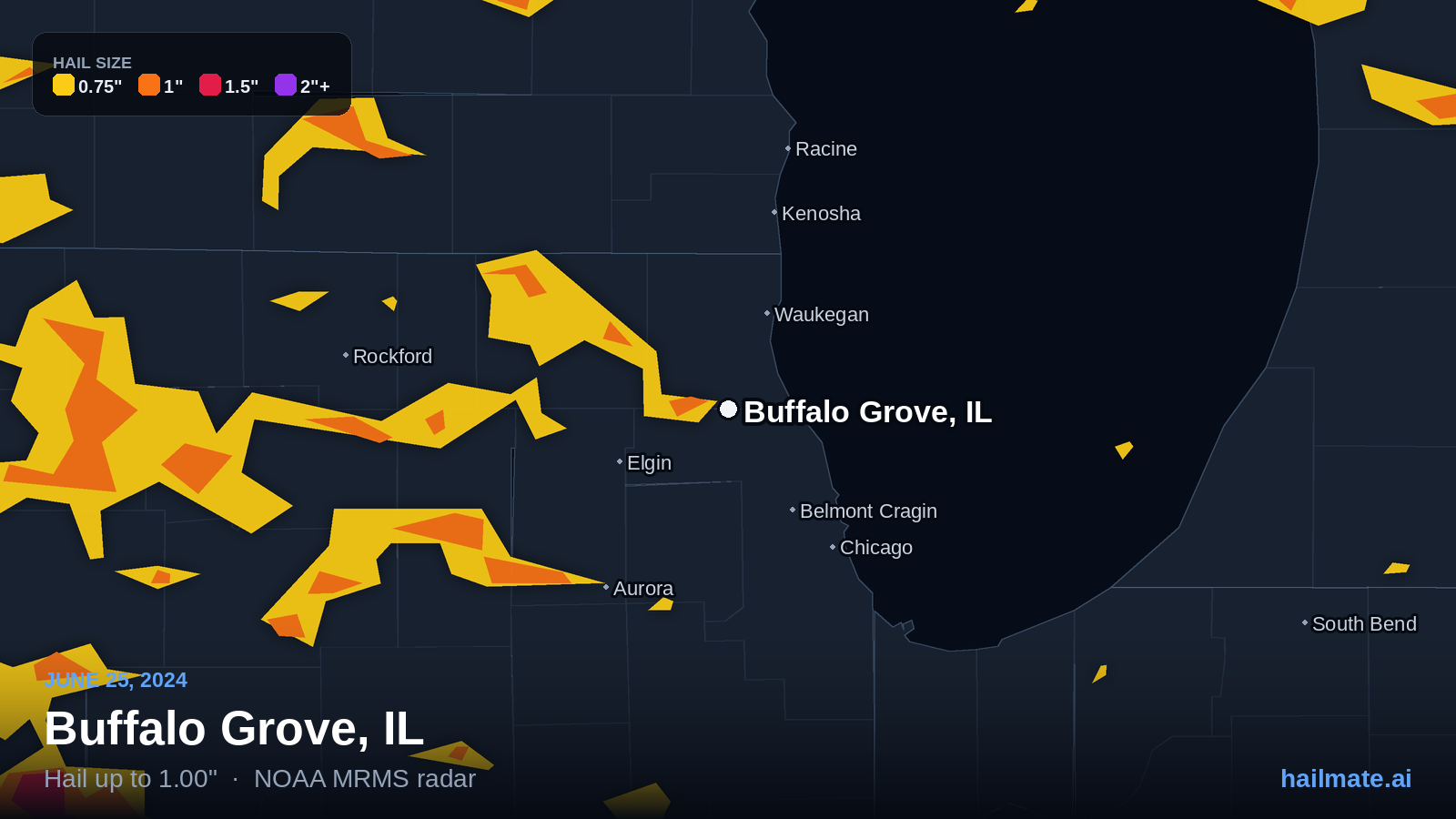 Hail swath map for Buffalo Grove, IL on June 25, 2024 showing 1.00 inch hail.