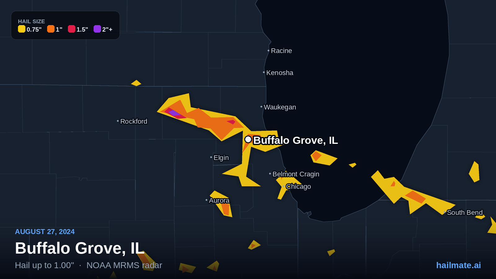 Hail swath map for Buffalo Grove, IL on August 27, 2024 showing 1.00 inch hail.