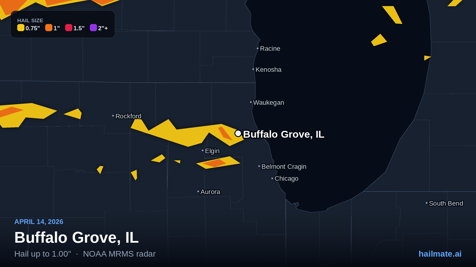 Hail swath map for Buffalo Grove, IL on April 14, 2026 showing 1.00 inch hail.
