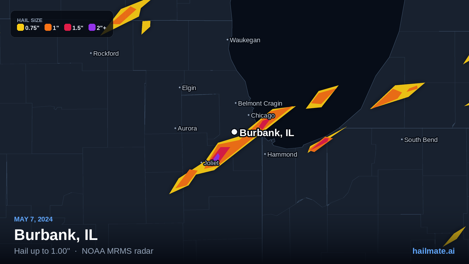 Hail swath map for Burbank, IL on May 7, 2024 showing 1.00 inch hail.