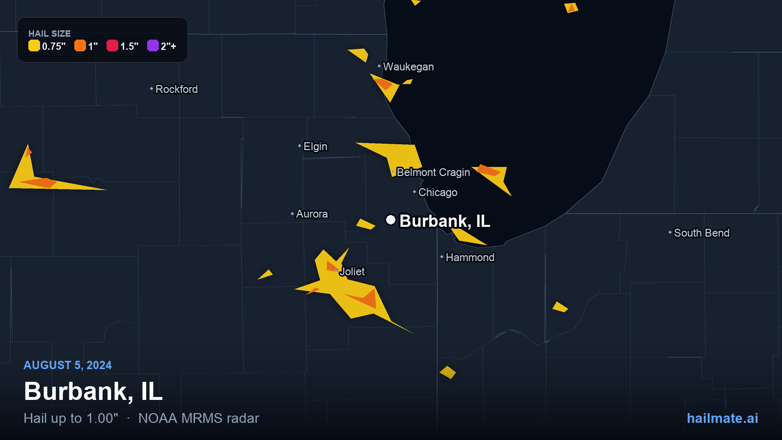 Hail swath map for Burbank, IL on August 5, 2024 showing 1.00 inch hail.