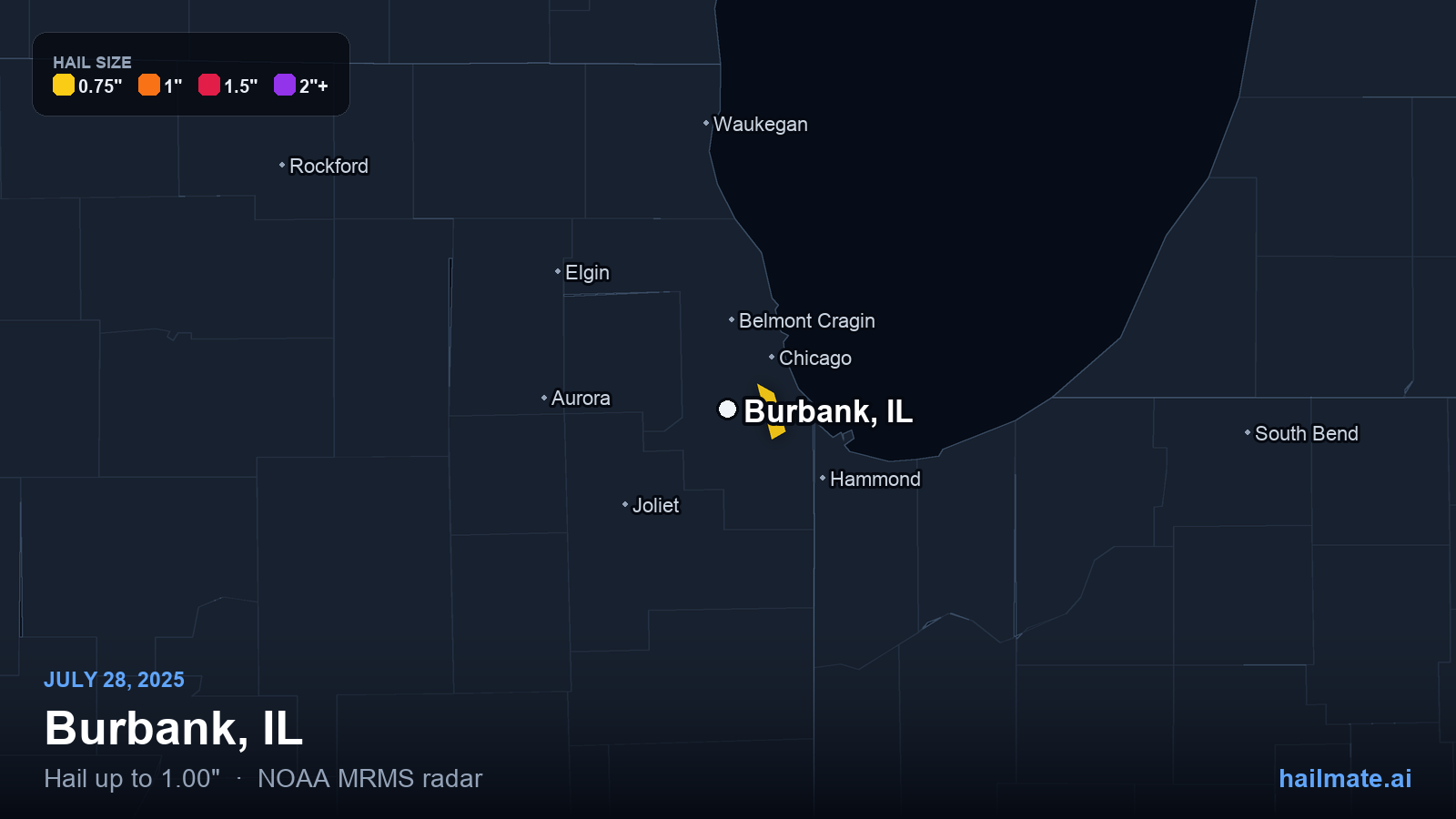 Hail swath map for Burbank, IL on July 28, 2025 showing 1.00 inch hail.