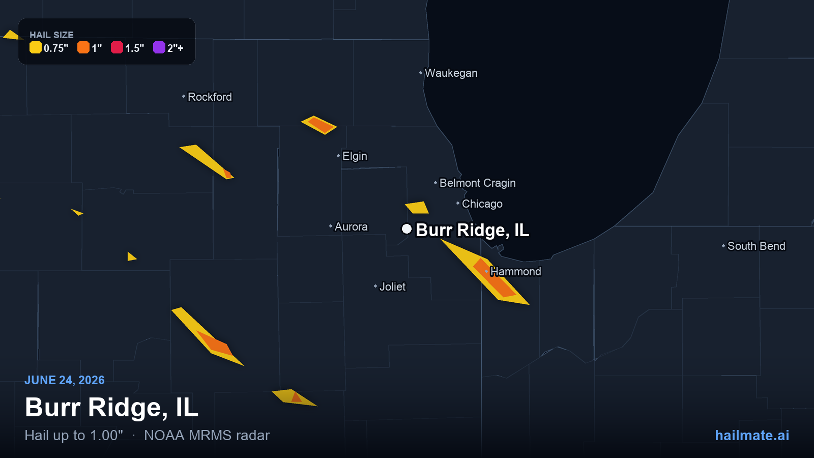 Hail swath map for Burr Ridge, IL on June 24, 2026 showing 1.00 inch hail.