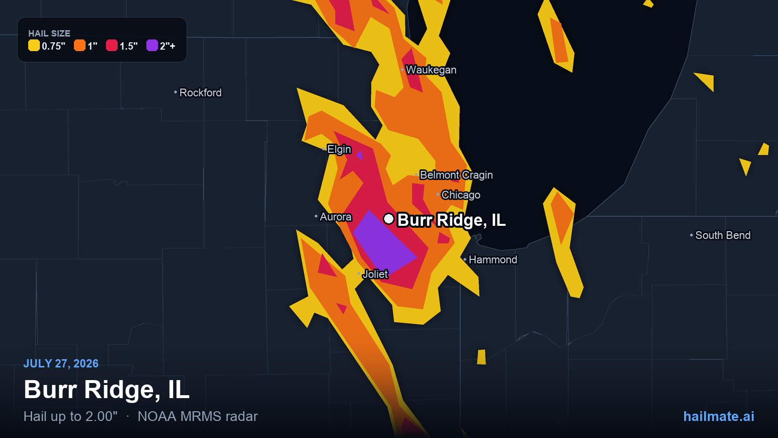 Hail swath map for Burr Ridge, IL on July 27, 2026 showing 2.00 inch hail.