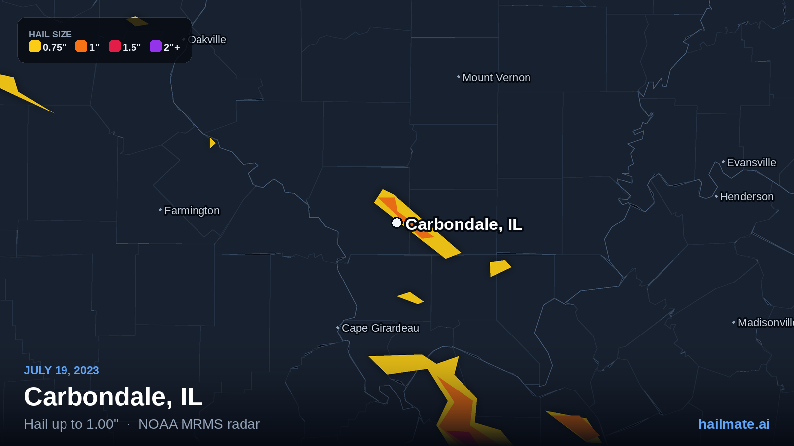 Hail swath map for Carbondale, IL on July 19, 2023 showing 1.00 inch hail.