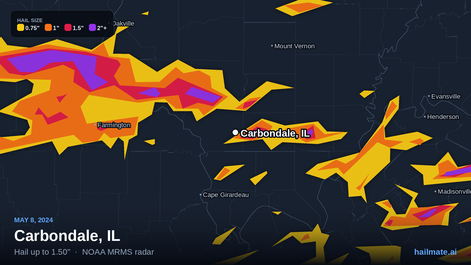 Hail swath map for Carbondale, IL on May 8, 2024 showing 1.50 inch hail.