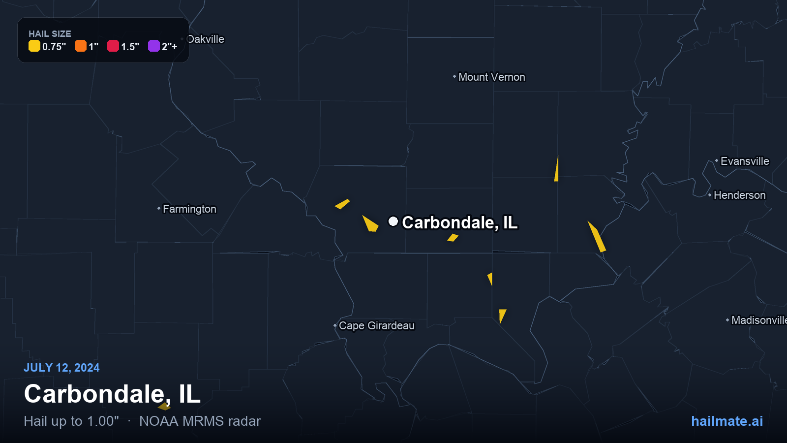 Hail swath map for Carbondale, IL on July 12, 2024 showing 1.00 inch hail.
