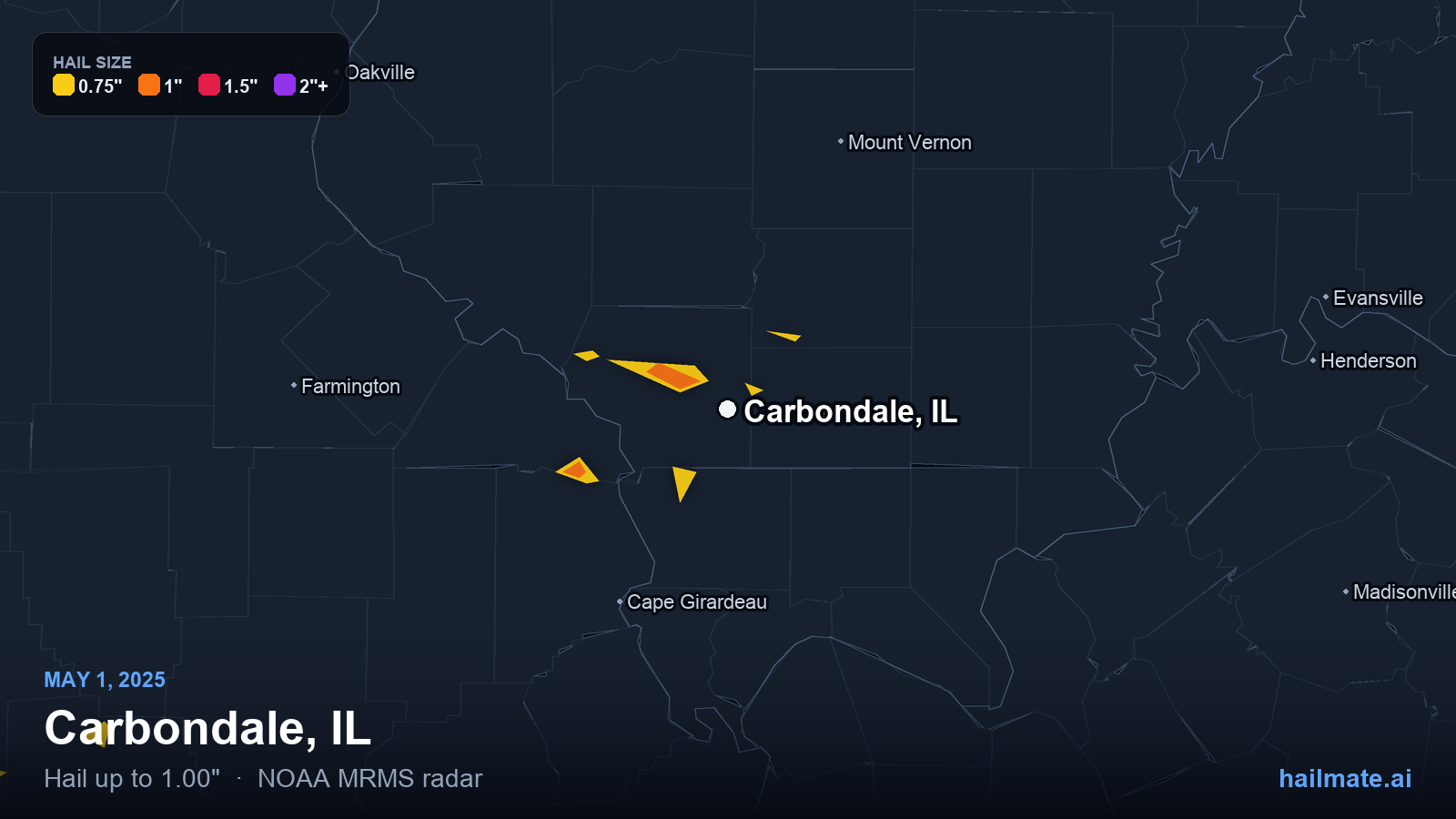 Hail swath map for Carbondale, IL on May 1, 2025 showing 1.00 inch hail.