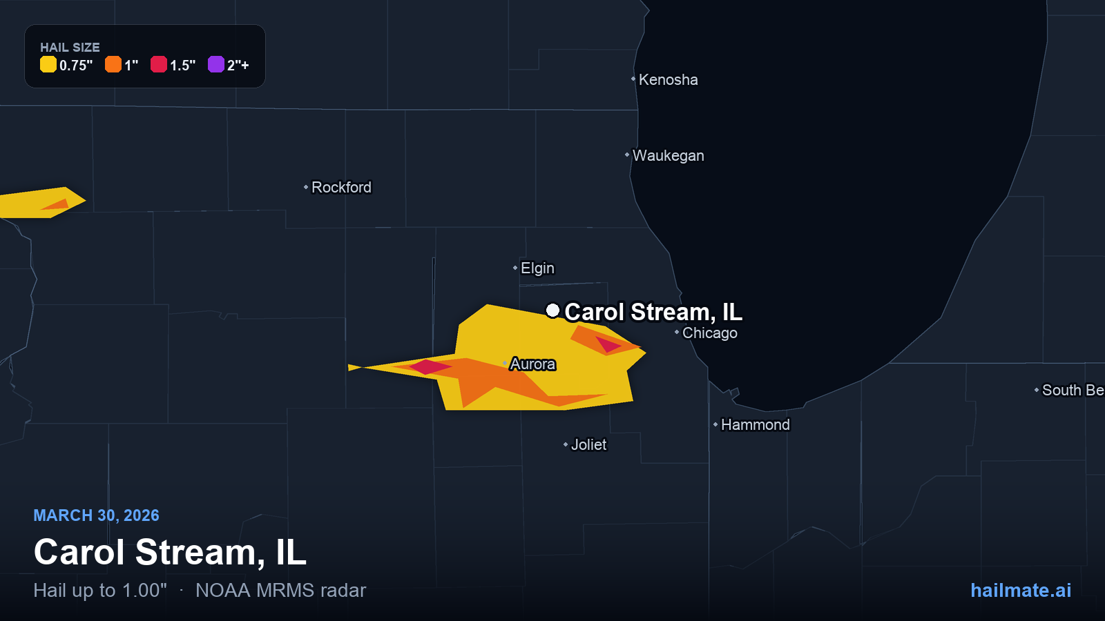 Hail swath map for Carol Stream, IL on March 30, 2026 showing 1.00 inch hail.