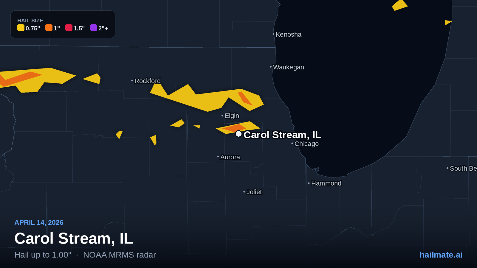 Hail swath map for Carol Stream, IL on April 14, 2026 showing 1.00 inch hail.