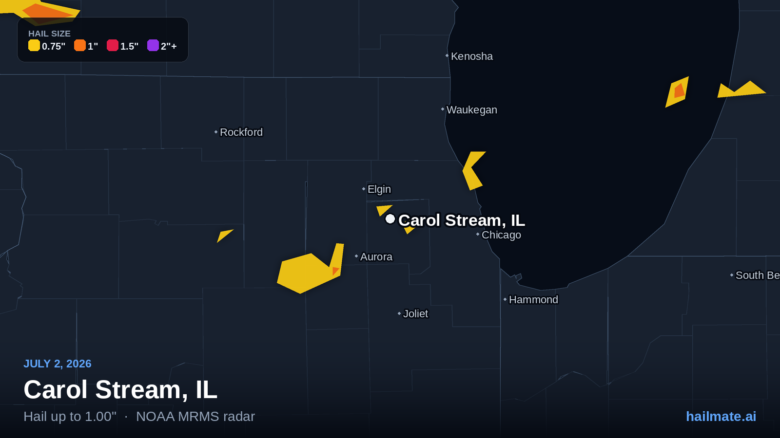 Hail swath map for Carol Stream, IL on July 2, 2026 showing 1.00 inch hail.