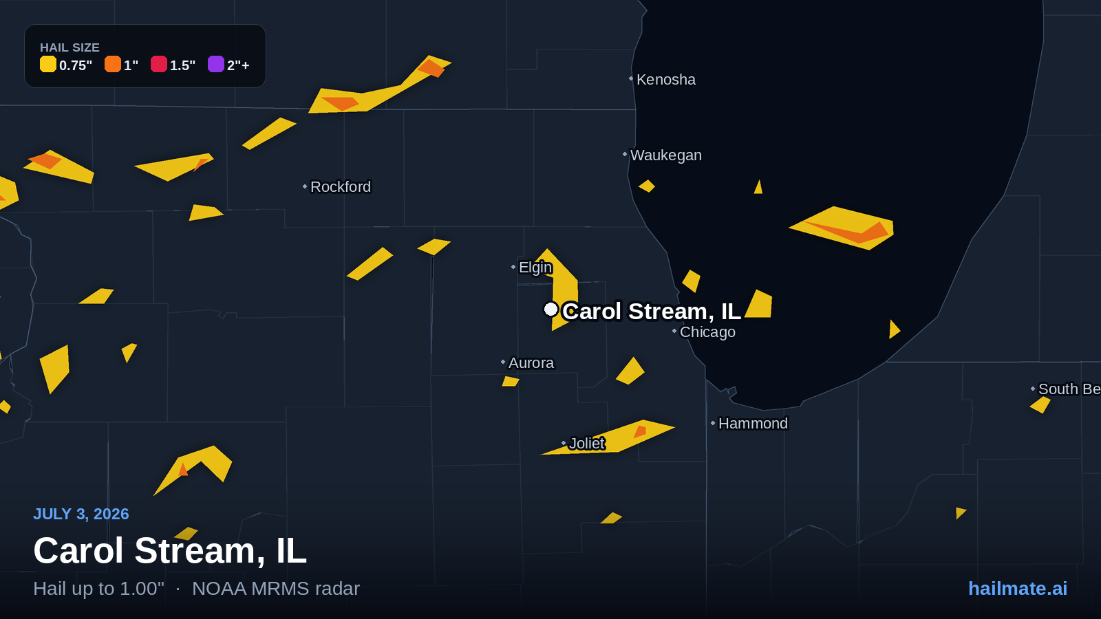Hail swath map for Carol Stream, IL on July 3, 2026 showing 1.00 inch hail.