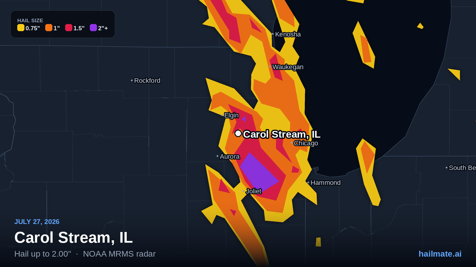 Hail swath map for Carol Stream, IL on July 27, 2026 showing 2.00 inch hail.