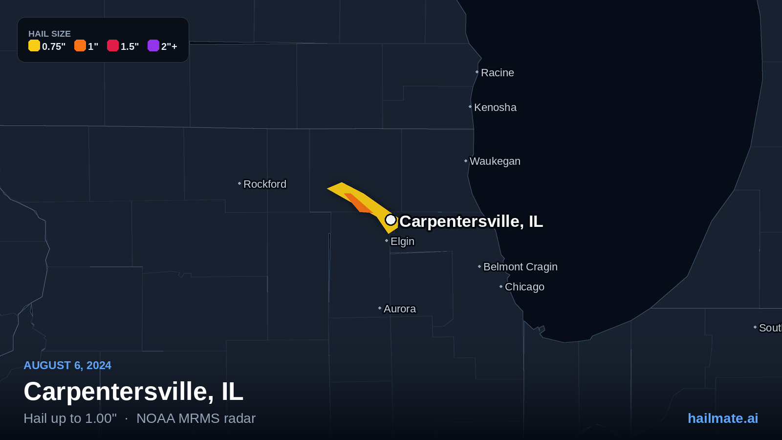 Hail swath map for Carpentersville, IL on August 6, 2024 showing 1.00 inch hail.