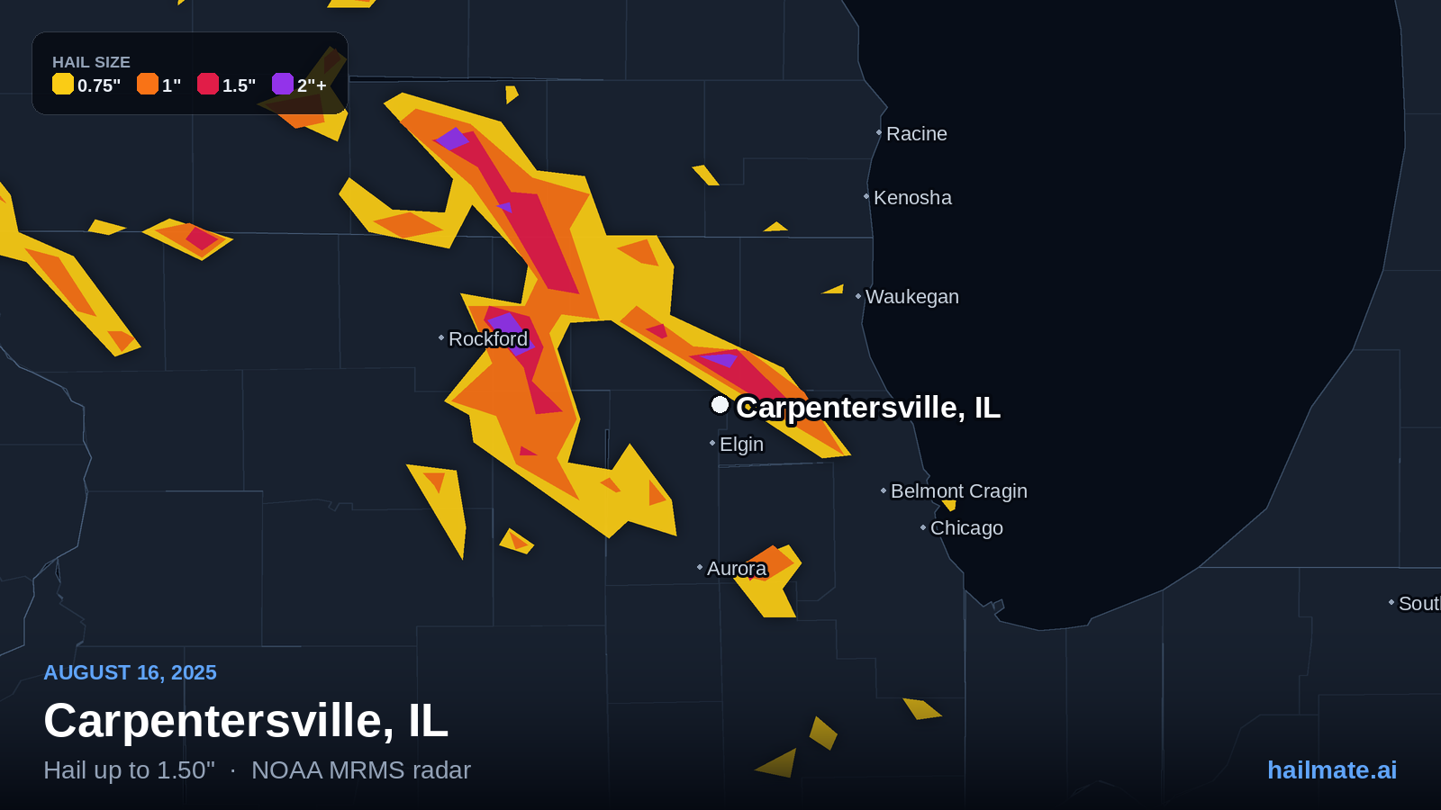 Hail swath map for Carpentersville, IL on August 16, 2025 showing 1.50 inch hail.