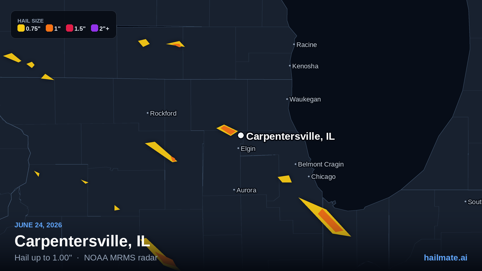 Hail swath map for Carpentersville, IL on June 24, 2026 showing 1.00 inch hail.