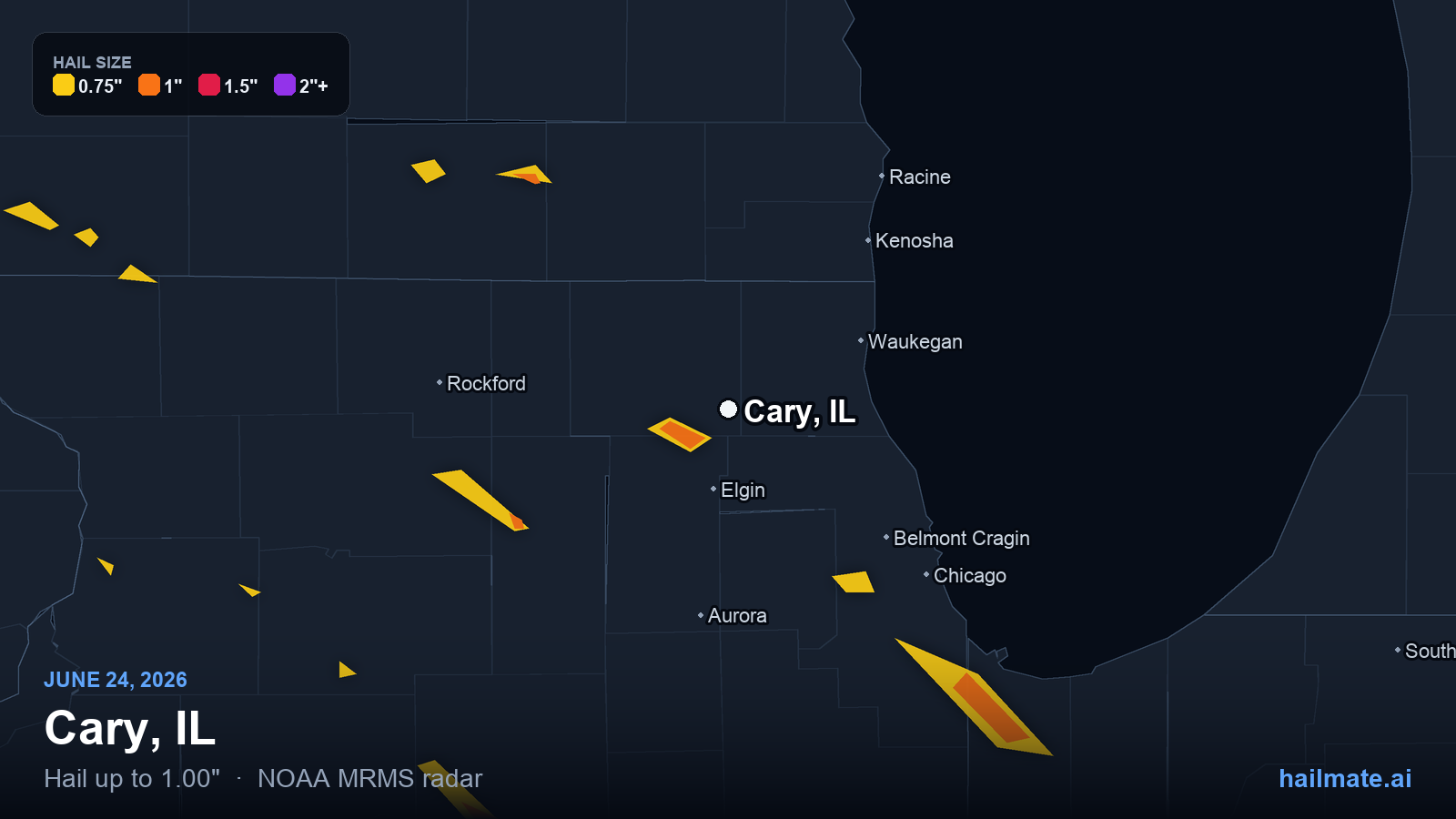 Hail swath map for Cary, IL on June 24, 2026 showing 1.00 inch hail.