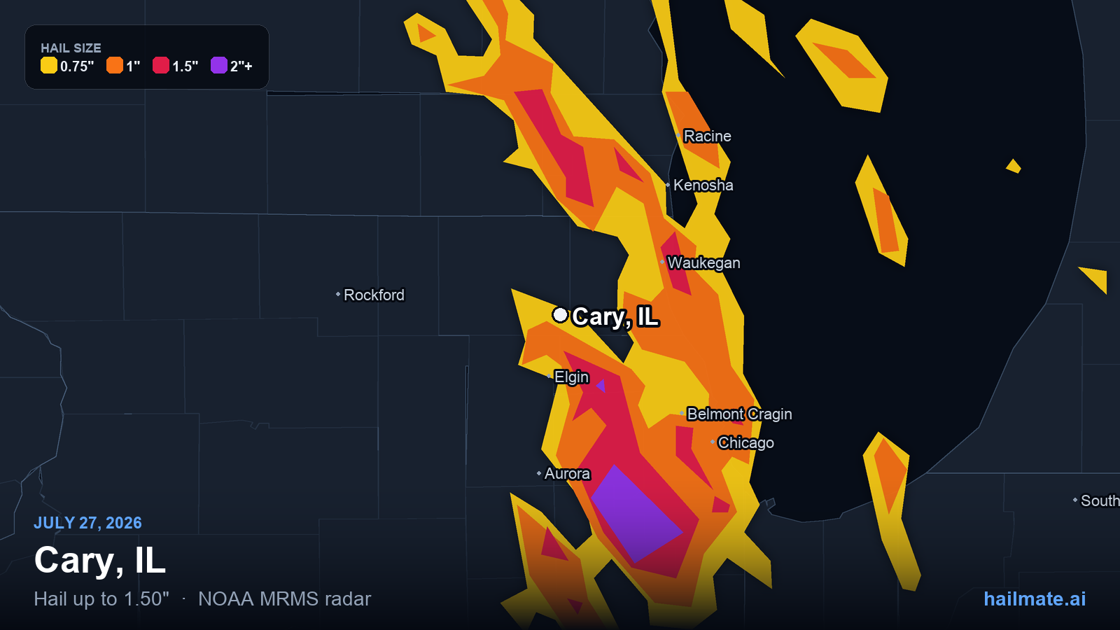 Hail swath map for Cary, IL on July 27, 2026 showing 1.50 inch hail.