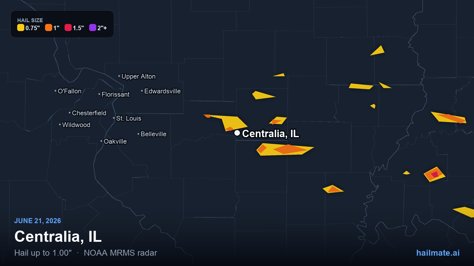 Hail swath map for Centralia, IL on June 21, 2026 showing 1.00 inch hail.