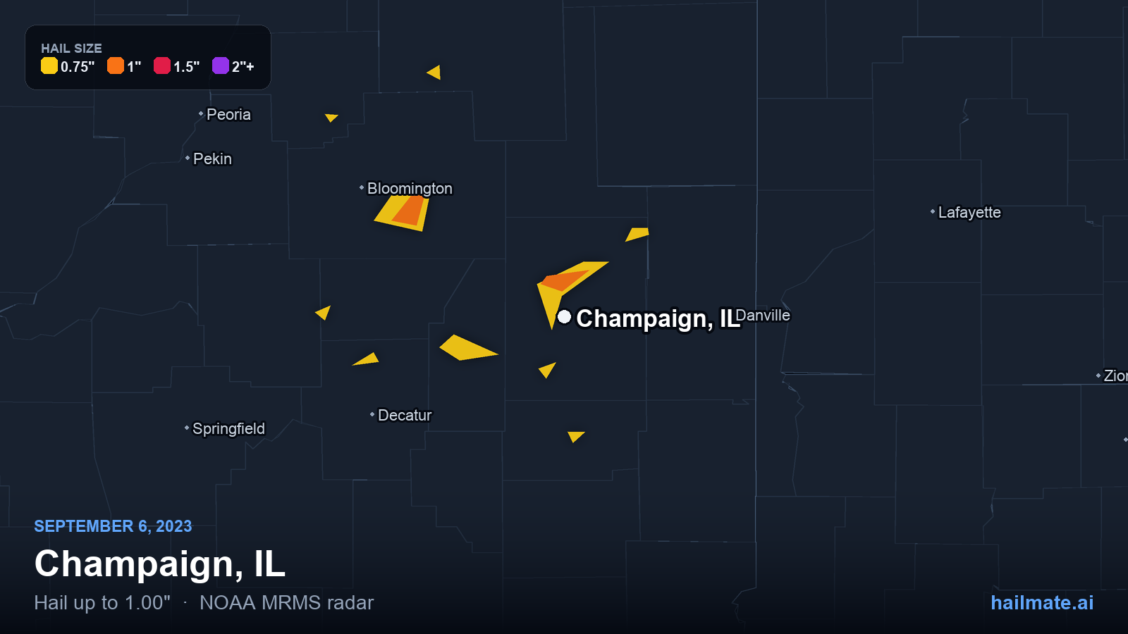 Hail swath map for Champaign, IL on September 6, 2023 showing 1.00 inch hail.