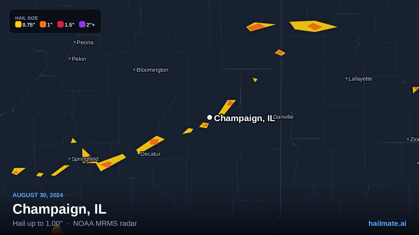 Hail swath map for Champaign, IL on August 30, 2024 showing 1.00 inch hail.