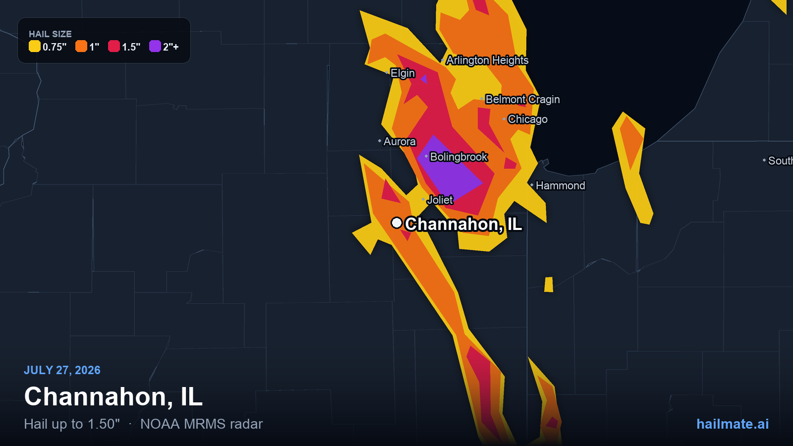 Hail swath map for Channahon, IL on July 27, 2026 showing 1.50 inch hail.