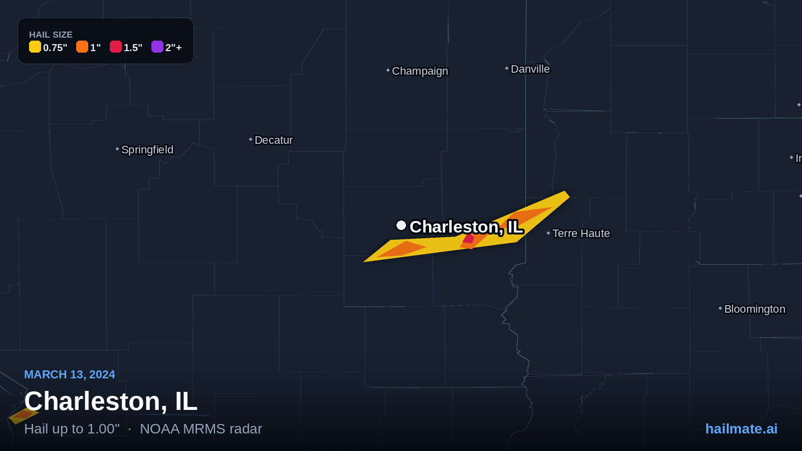 Hail swath map for Charleston, IL on March 13, 2024 showing 1.00 inch hail.