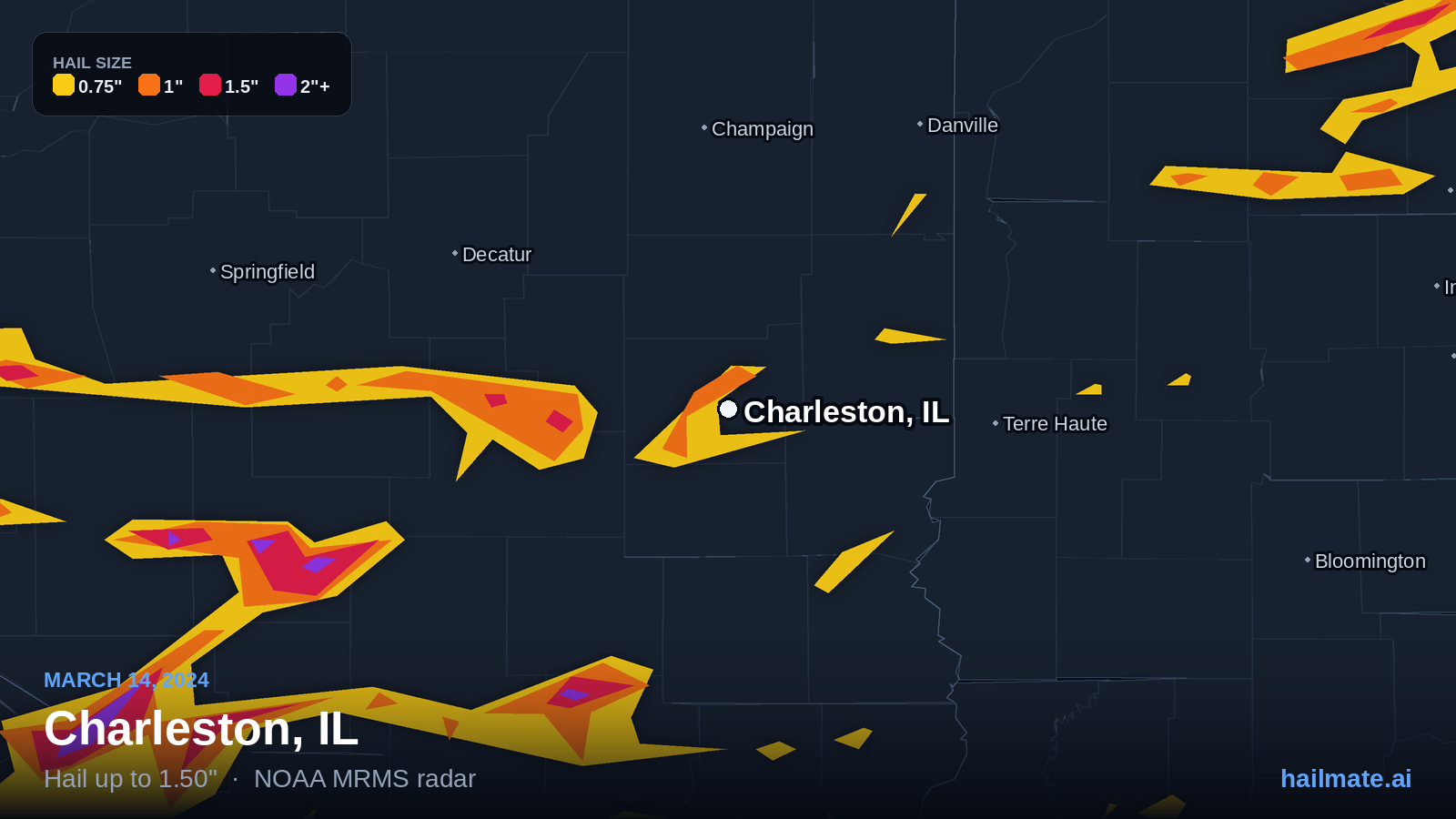 Hail swath map for Charleston, IL on March 14, 2024 showing 1.50 inch hail.