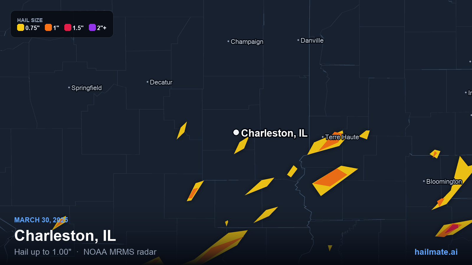 Hail swath map for Charleston, IL on March 30, 2025 showing 1.00 inch hail.