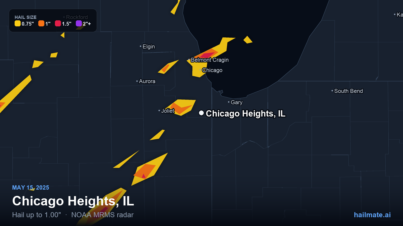 Hail swath map for Chicago Heights, IL on May 15, 2025 showing 1.00 inch hail.