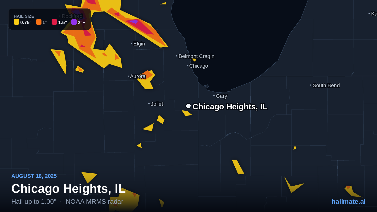 Hail swath map for Chicago Heights, IL on August 16, 2025 showing 1.00 inch hail.