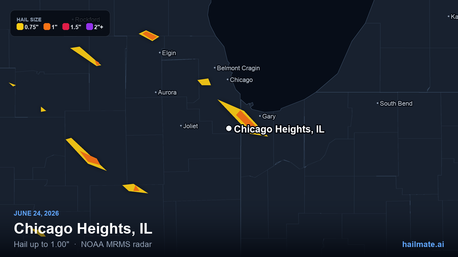 Hail swath map for Chicago Heights, IL on June 24, 2026 showing 1.00 inch hail.