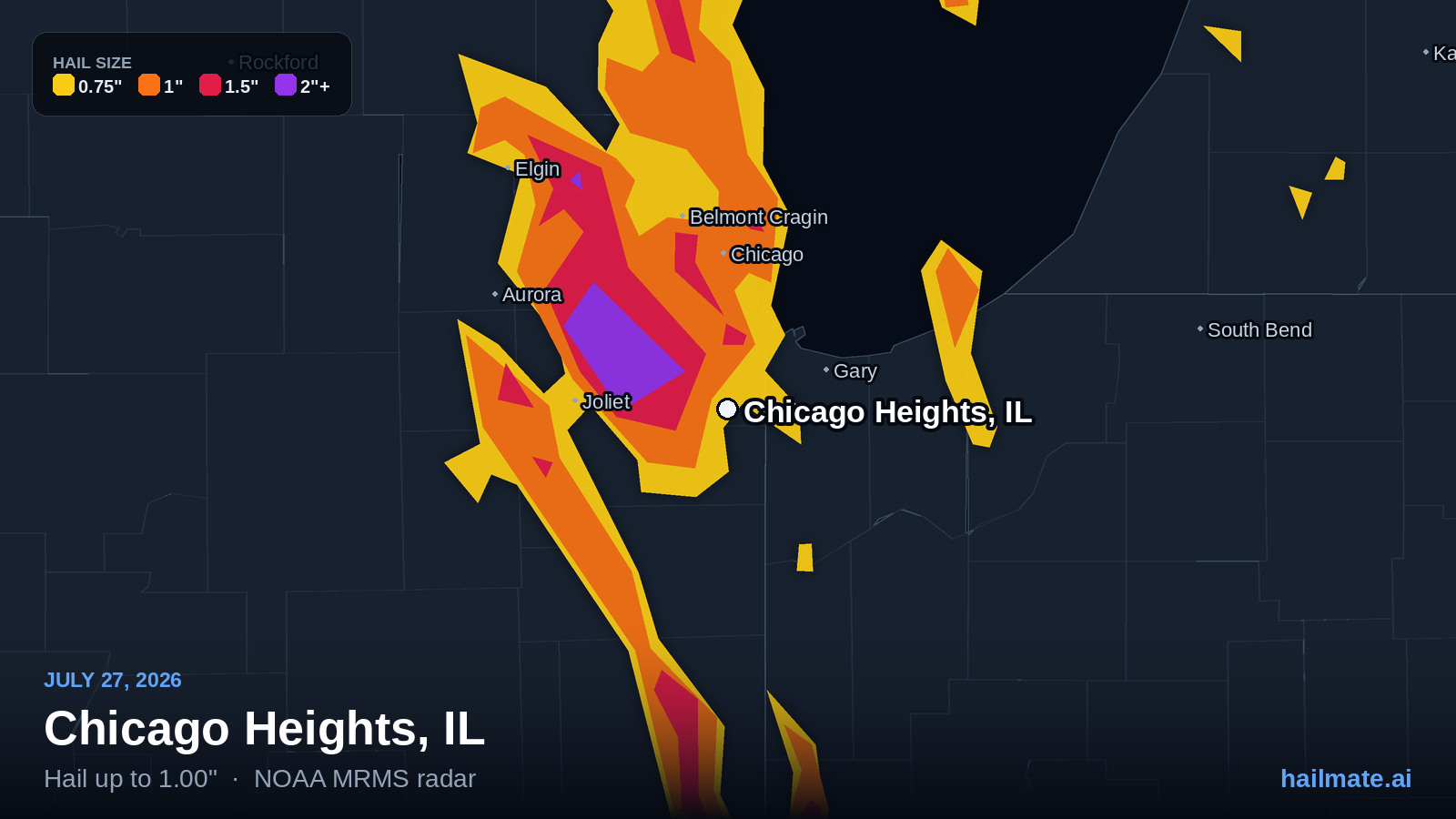 Hail swath map for Chicago Heights, IL on July 27, 2026 showing 1.00 inch hail.