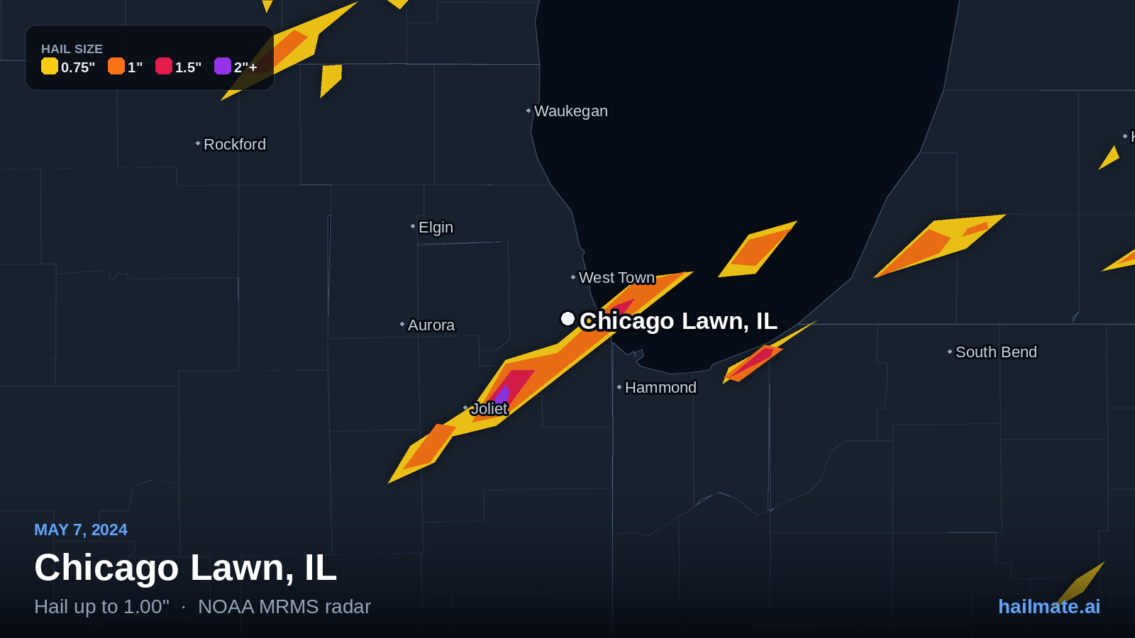 Hail swath map for Chicago Lawn, IL on May 7, 2024 showing 1.00 inch hail.