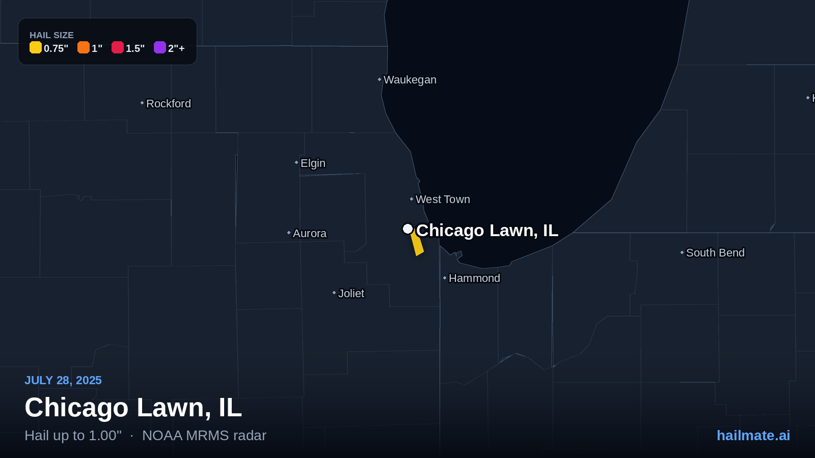 Hail swath map for Chicago Lawn, IL on July 28, 2025 showing 1.00 inch hail.