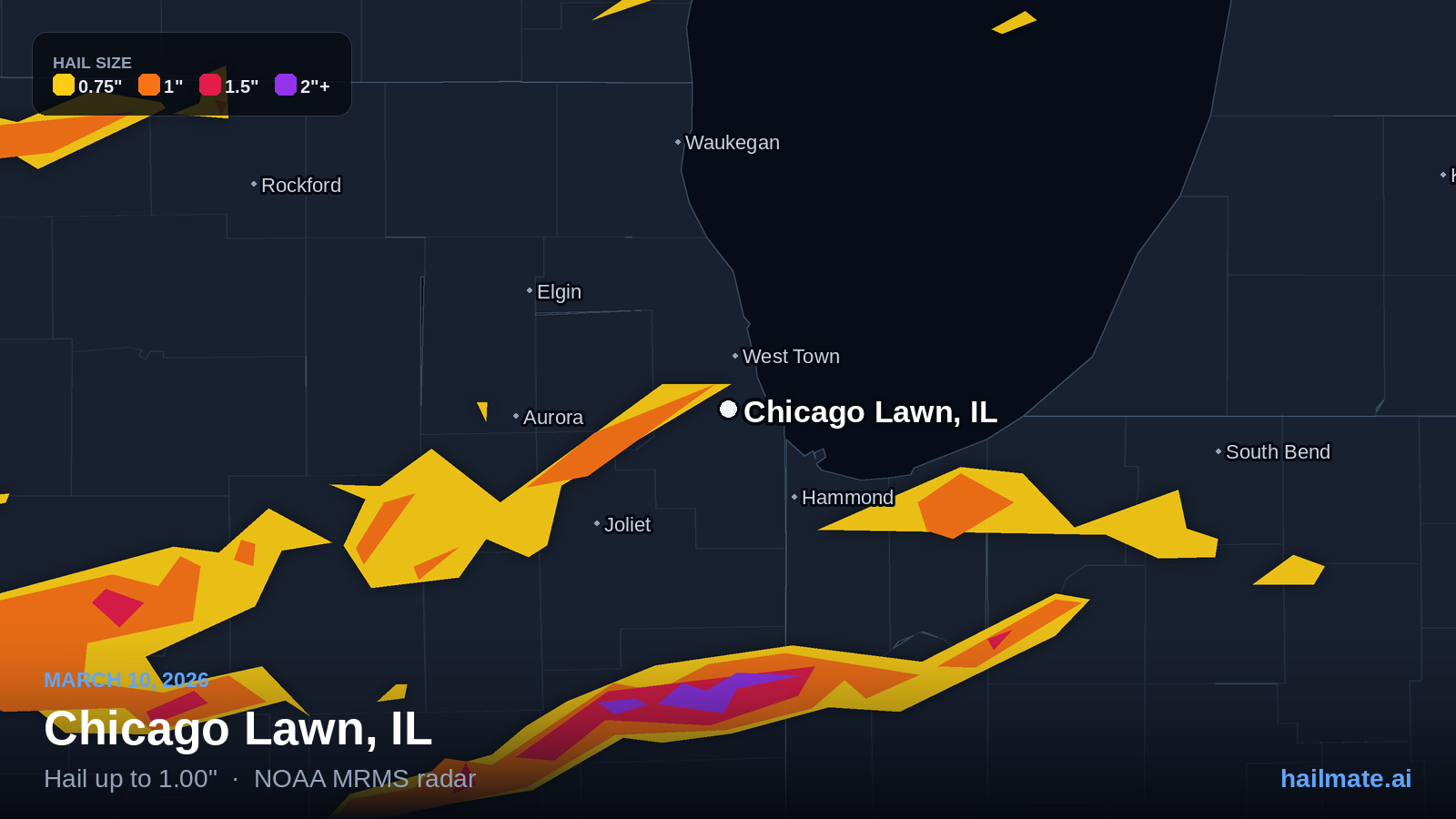 Hail swath map for Chicago Lawn, IL on March 10, 2026 showing 1.00 inch hail.