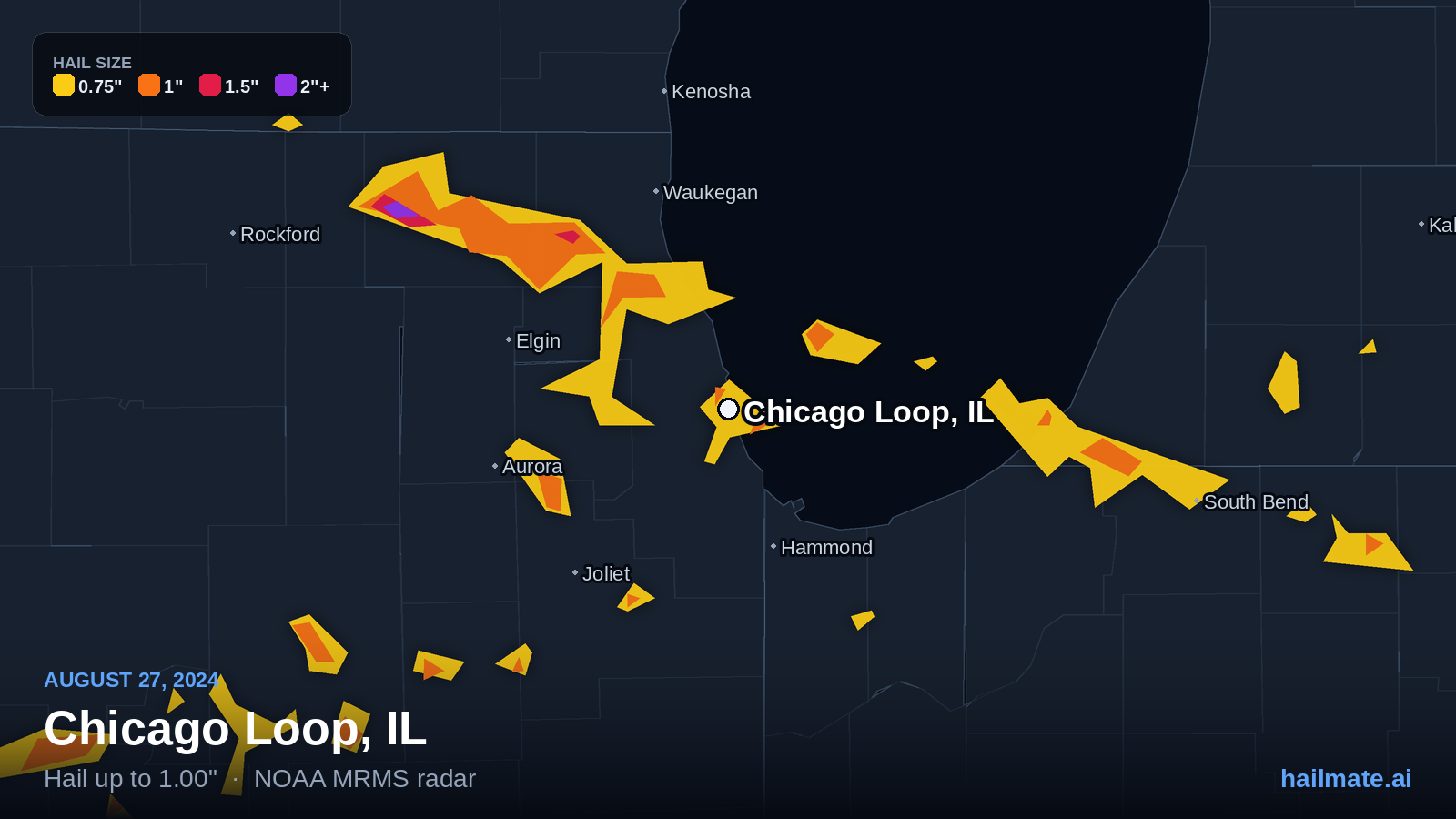 Hail swath map for Chicago Loop, IL on August 27, 2024 showing 1.00 inch hail.
