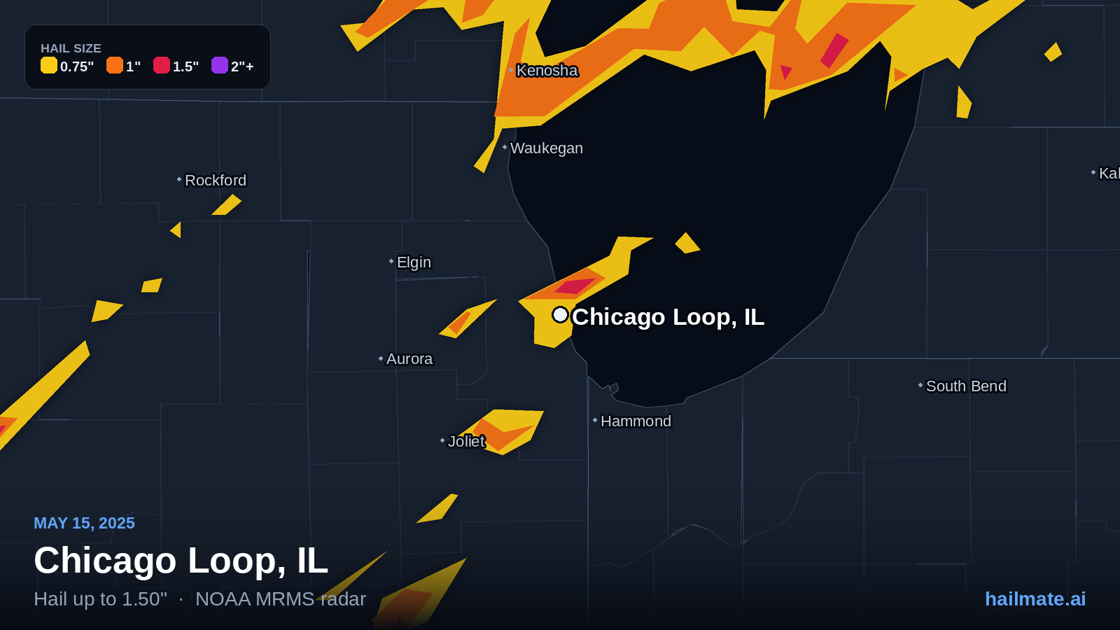 Hail swath map for Chicago Loop, IL on May 15, 2025 showing 1.50 inch hail.